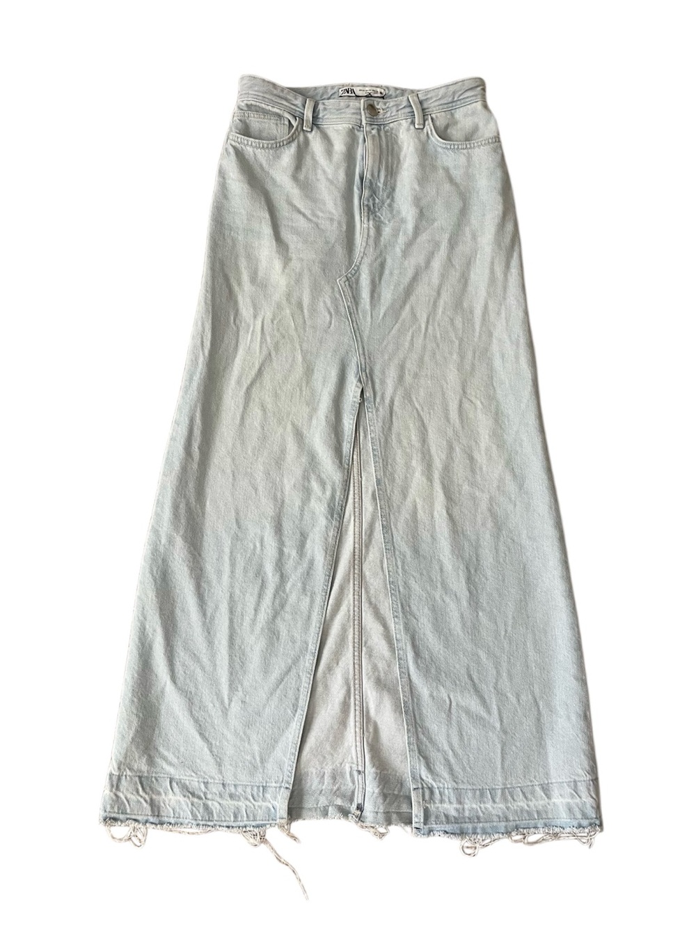 Zara Light Blue Maxi Denim Skirt with Center Front Slit